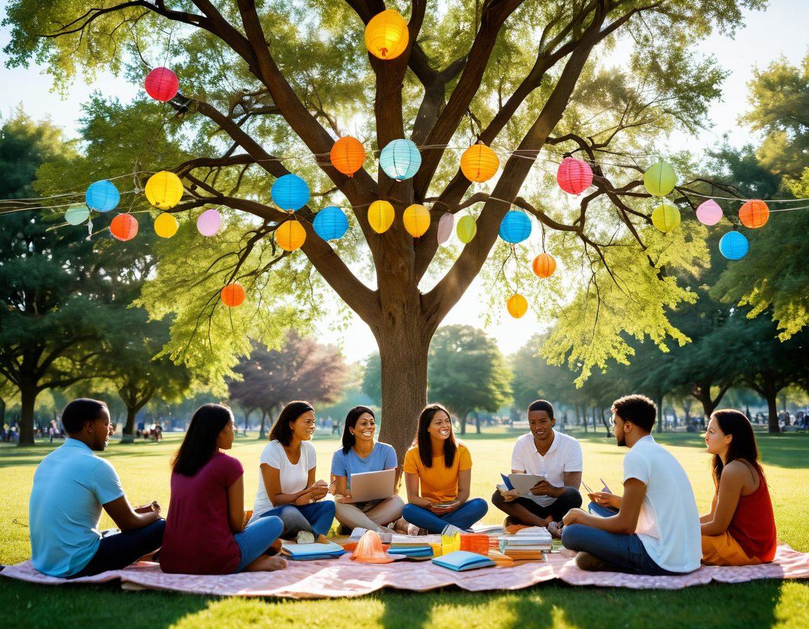 A diverse group of people, gathered in a sunny park, engaging in supportive conversations and sharing resources, surrounded by symbols of hope like a tree of life and colorful paper lanterns. The scene should exude warmth and positivity, showcasing collaboration and connection. Incorporate elements like books, laptops, and friendly pets to symbolize knowledge and companionship. soft colors. 3D. vibrant colors.