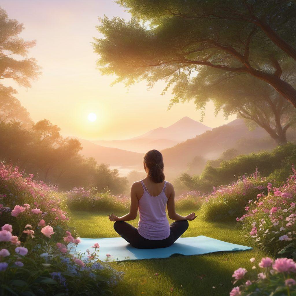 A serene landscape depicting a sunrise symbolizing hope, with a diverse group of cancer survivors engaged in holistic activities like yoga and meditation. Include elements of nature, such as lush greenery and blooming flowers, representing growth and healing. Emphasize a gentle, supportive atmosphere, reflecting community and empowerment. soft colors. super-realistic. vibrant tones.