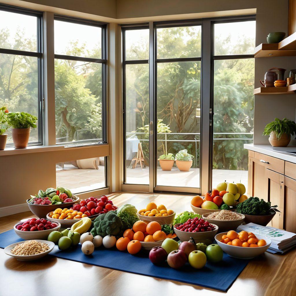 A serene kitchen scene with a vibrant spread of colorful fruits, vegetables, and wholesome foods, symbolizing nutrition's role in recovery. In the background, soft sunlight filters through a window, illuminating a yoga mat and wellness books, representing lifestyle choices. Include subtle cancer awareness symbols, like ribbons, interspersed with the food items. The atmosphere should evoke a sense of hope and healing. super-realistic. bright colors. warm lighting.